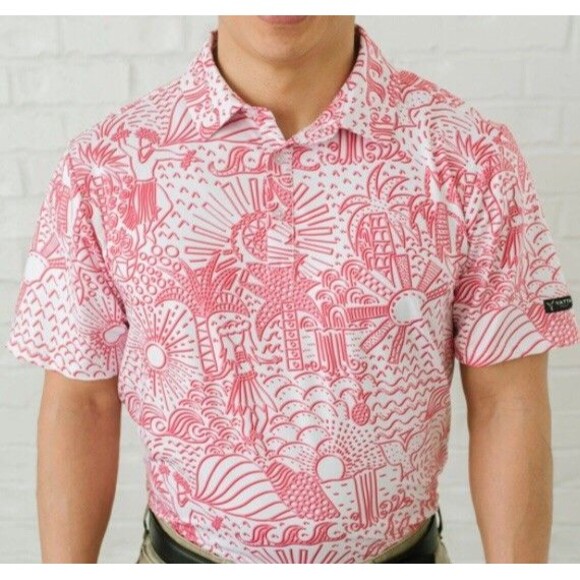 Yatta Golf Mens XXL Pink White Short Sleeve Golf Polo Shirt Hawaiian Theme Shaka - Picture 1 of 11